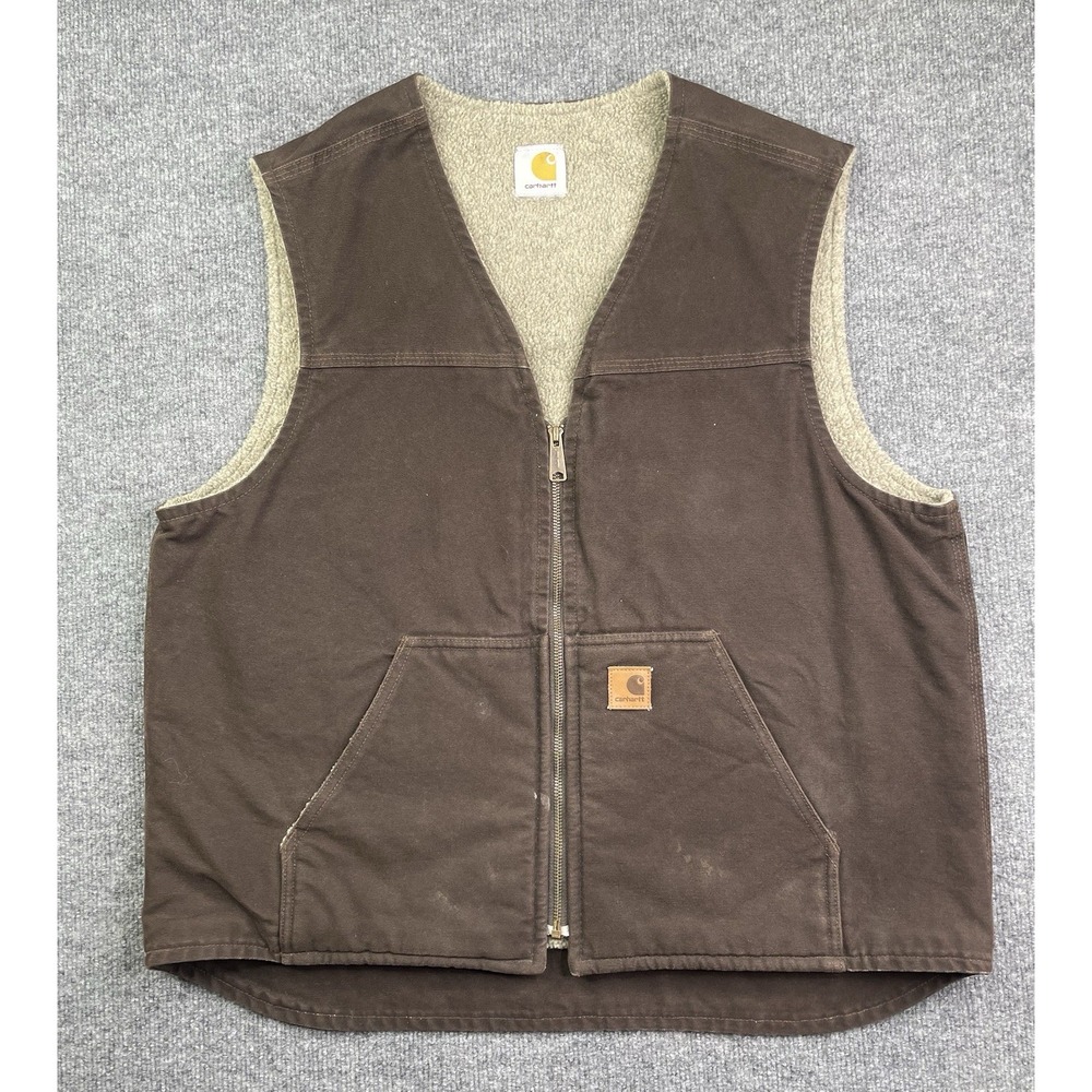 Carhartt Sherpa Lined Vest Mens L Brown Duck Canvas Workwear V02 BRN‎